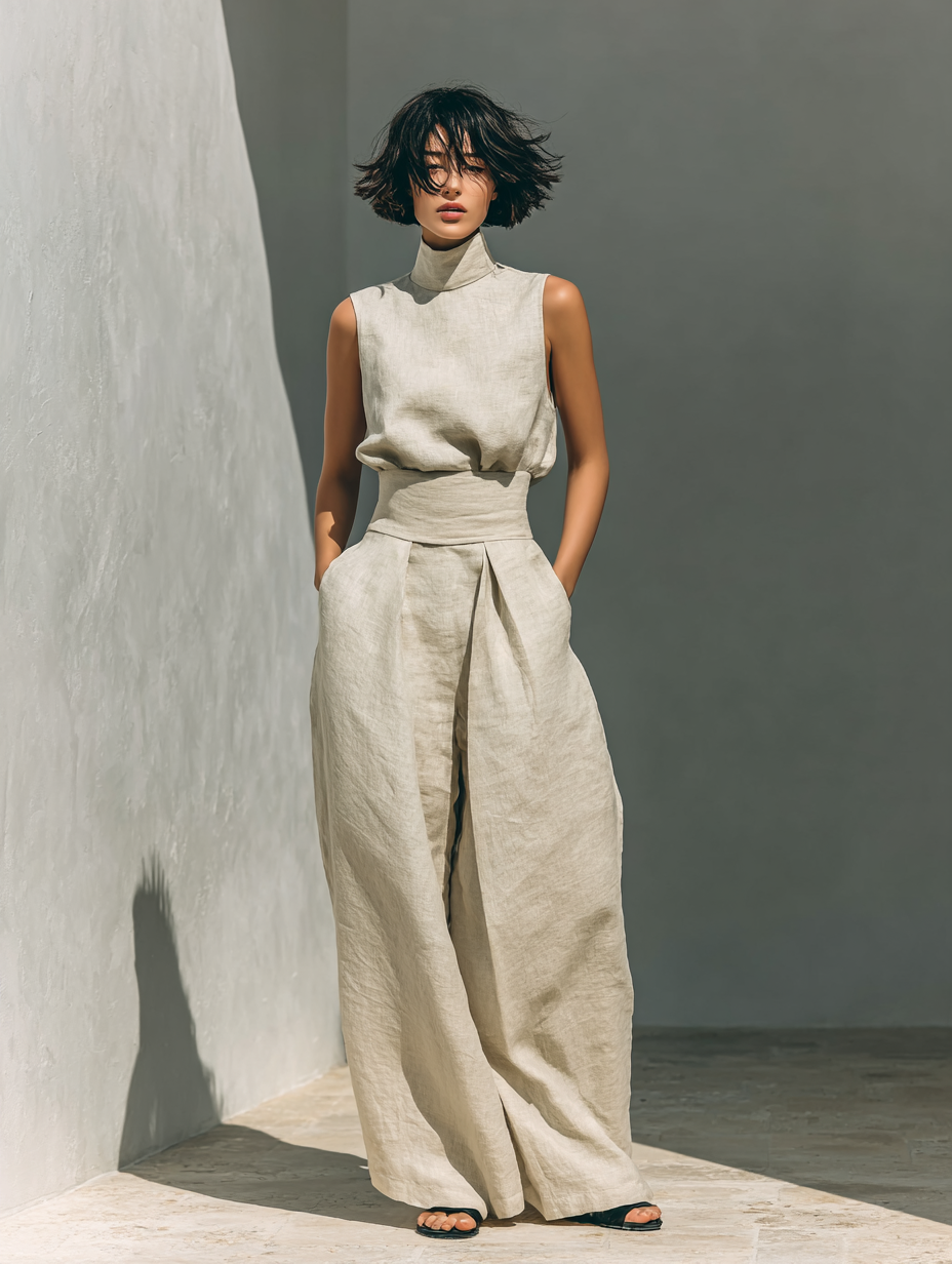 Maria - Conjunto de top sin mangas y pantalones anchos en algodón y lino, minimalista, para mujer