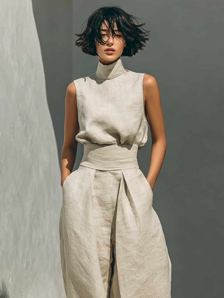 Maria - Conjunto de top sin mangas y pantalones anchos en algodón y lino, minimalista, para mujer