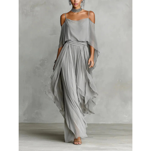 Isabela | Elegante Vestido Largo de Gasa con Hombros Descubiertos y Capas Fluidas