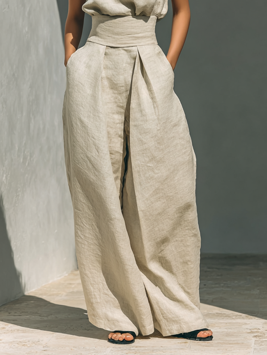 Maria - Conjunto de top sin mangas y pantalones anchos en algodón y lino, minimalista, para mujer