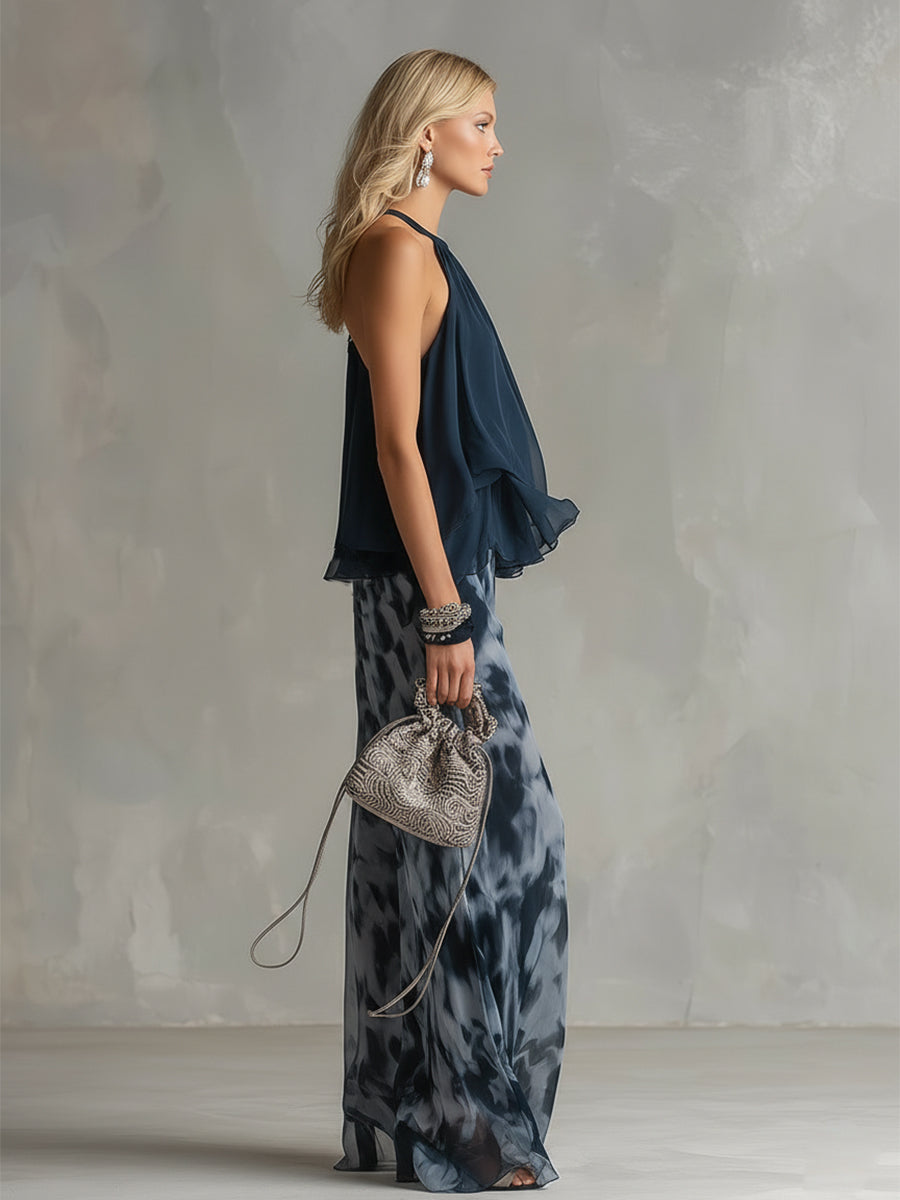 Ludovica - Elegante conjunto de chiffon con top de cuello alto y pantalones palazzo estampados