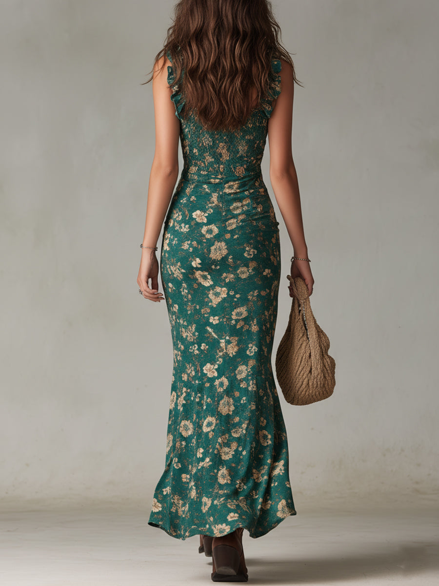 Zara Vestido largo bohemio-retro con mangas de volantes y abertura alta