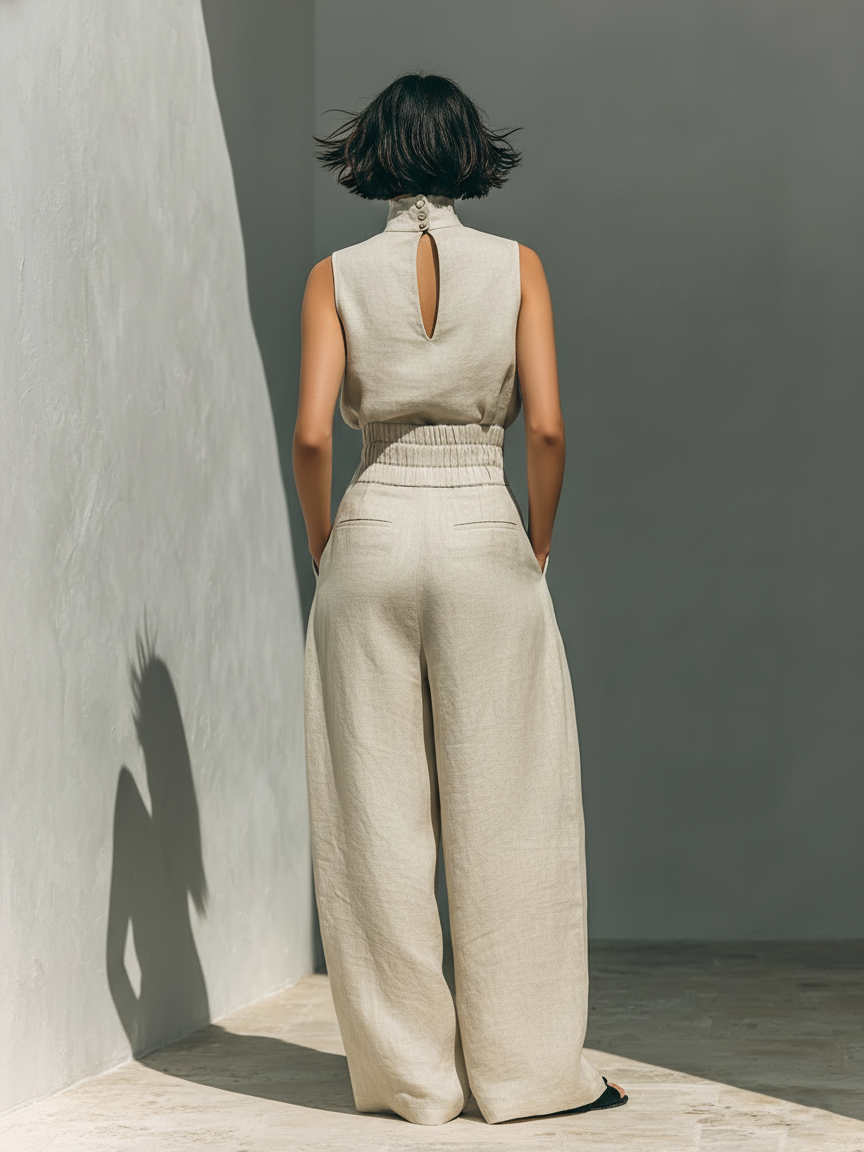 Maria - Conjunto de top sin mangas y pantalones anchos en algodón y lino, minimalista, para mujer