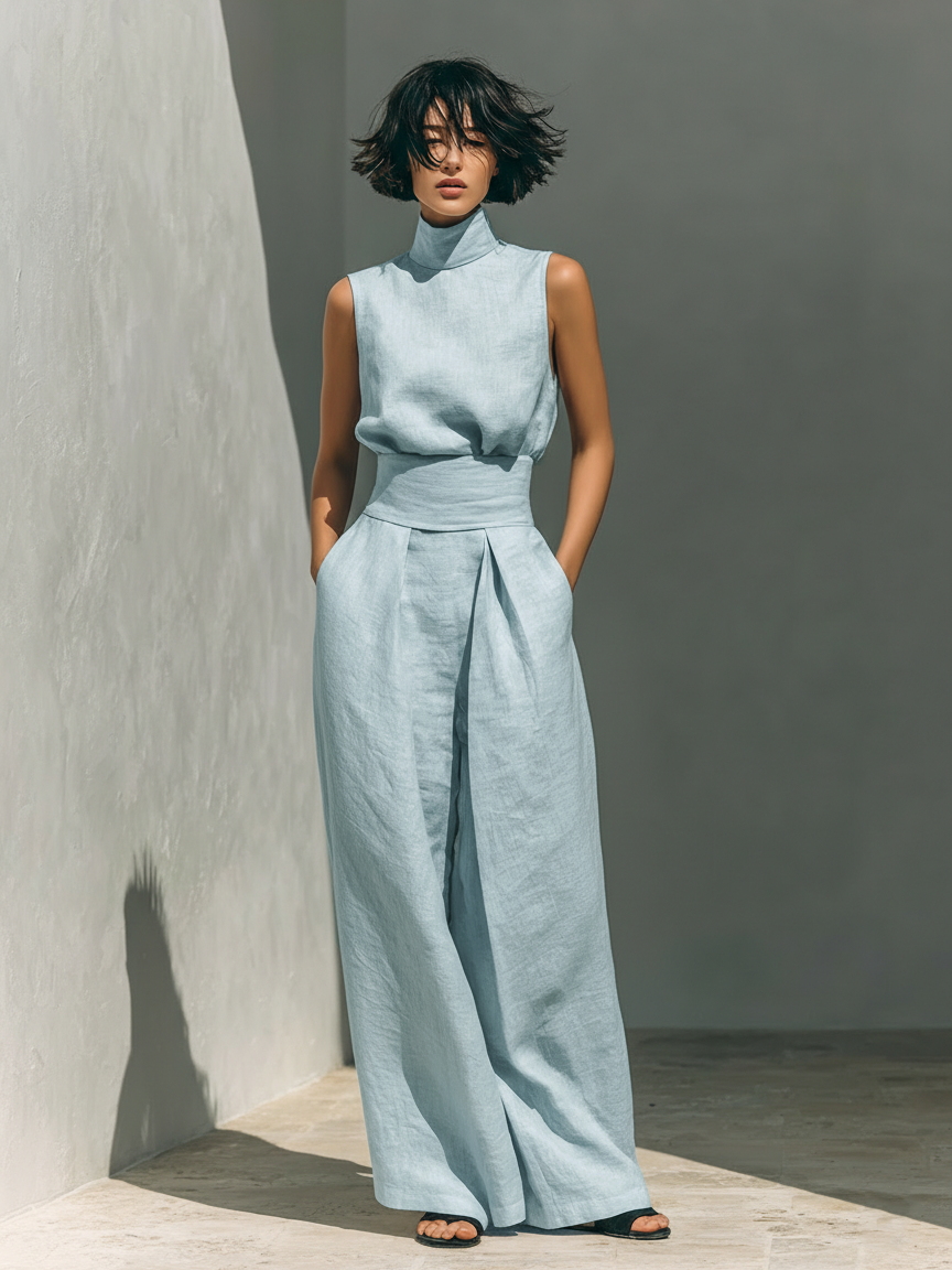 Maria - Conjunto de top sin mangas y pantalones anchos en algodón y lino, minimalista, para mujer