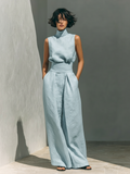 Maria - Conjunto de top sin mangas y pantalones anchos en algodón y lino, minimalista, para mujer