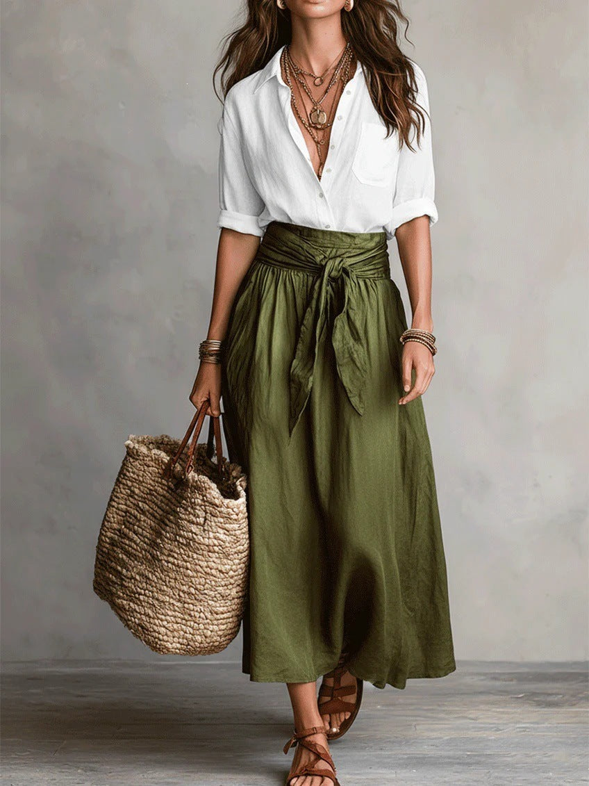 Vera™ Conjunto de dos piezas: Top negro y falda midi verde oliva – elegancia sencilla y versátil
