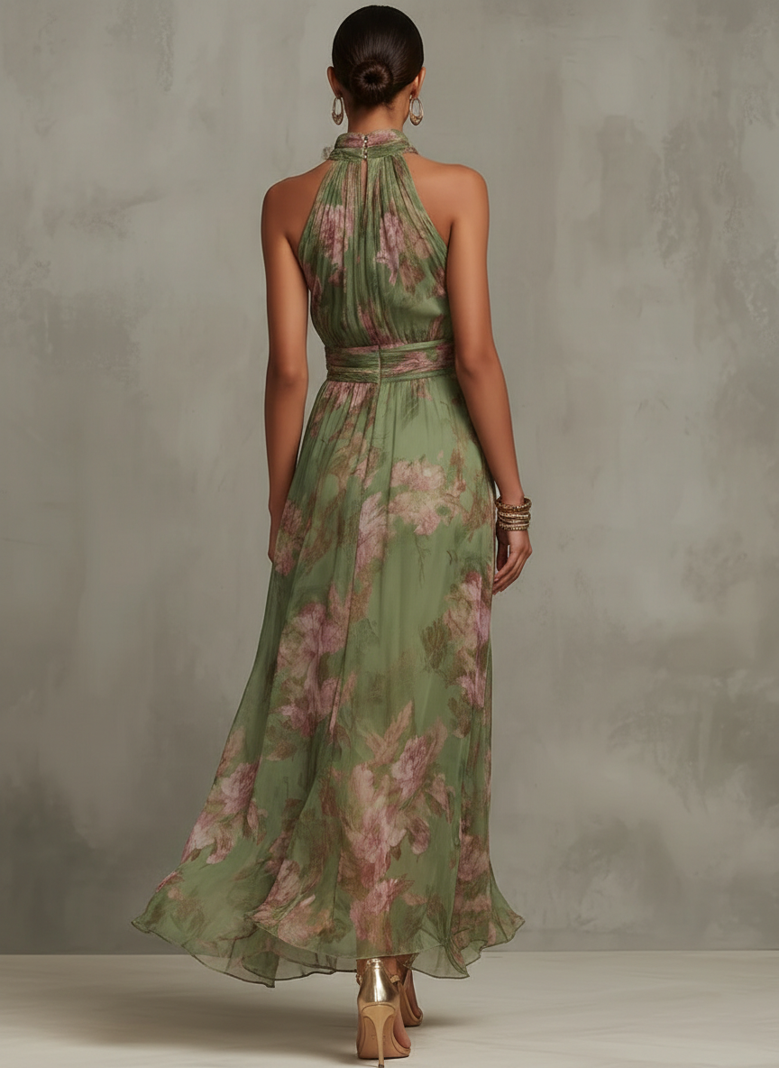 Serena - Vestido largo de chiffon verde con motivo floral y escote halter