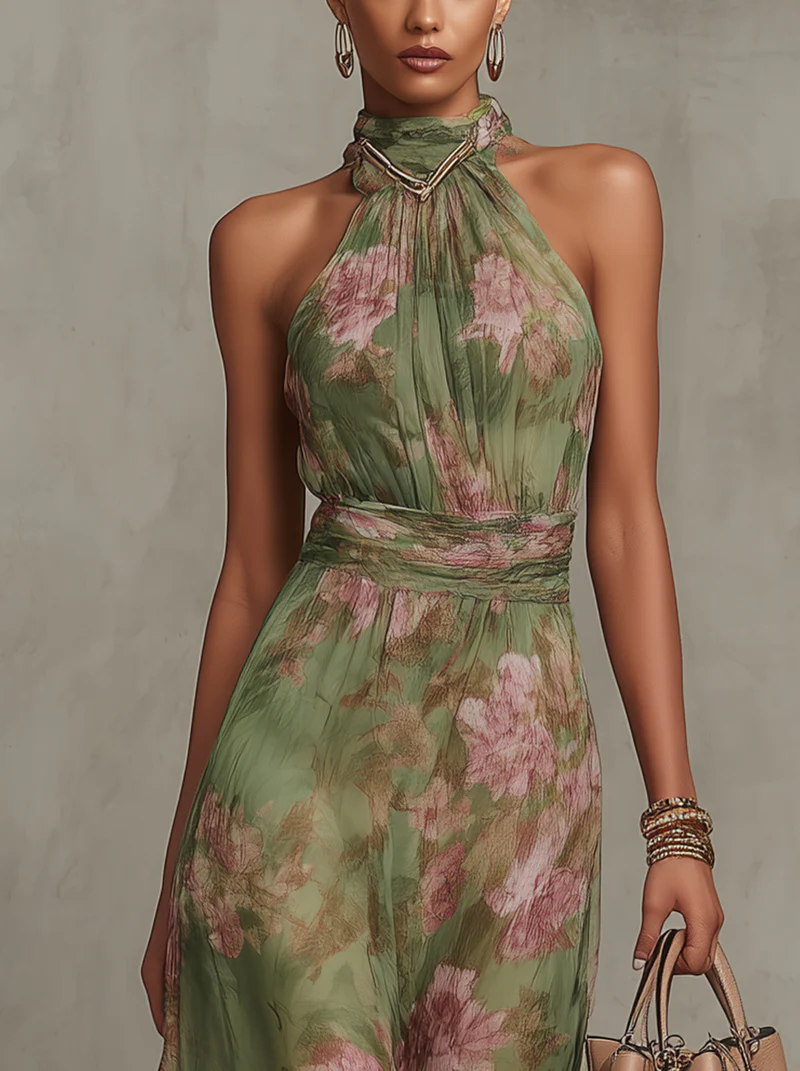 Serena - Vestido largo de chiffon verde con motivo floral y escote halter