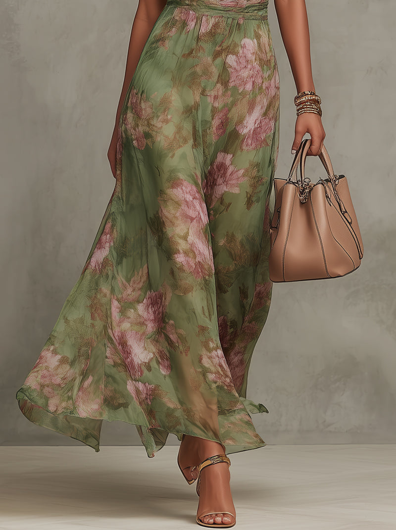 Serena - Vestido largo de chiffon verde con motivo floral y escote halter