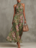 Serena - Vestido largo de chiffon verde con motivo floral y escote halter