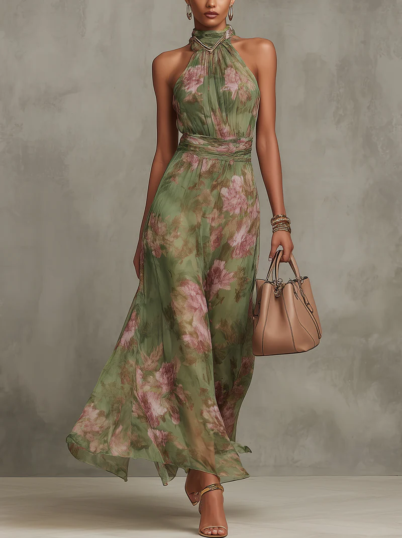 Serena - Vestido largo de chiffon verde con motivo floral y escote halter