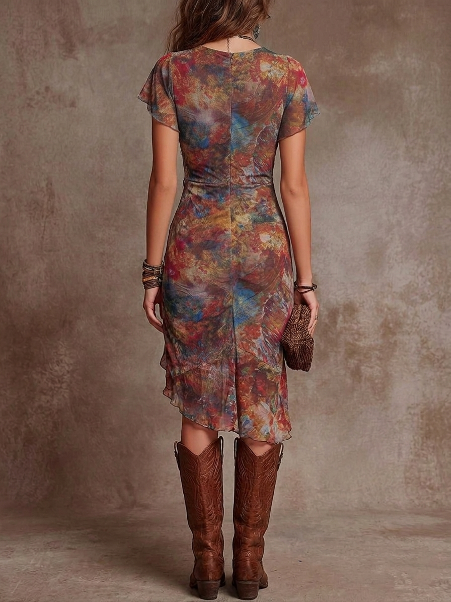 Martina – Vestido midi plisado con escote en V y estampado abstracto de estilo bohemio
