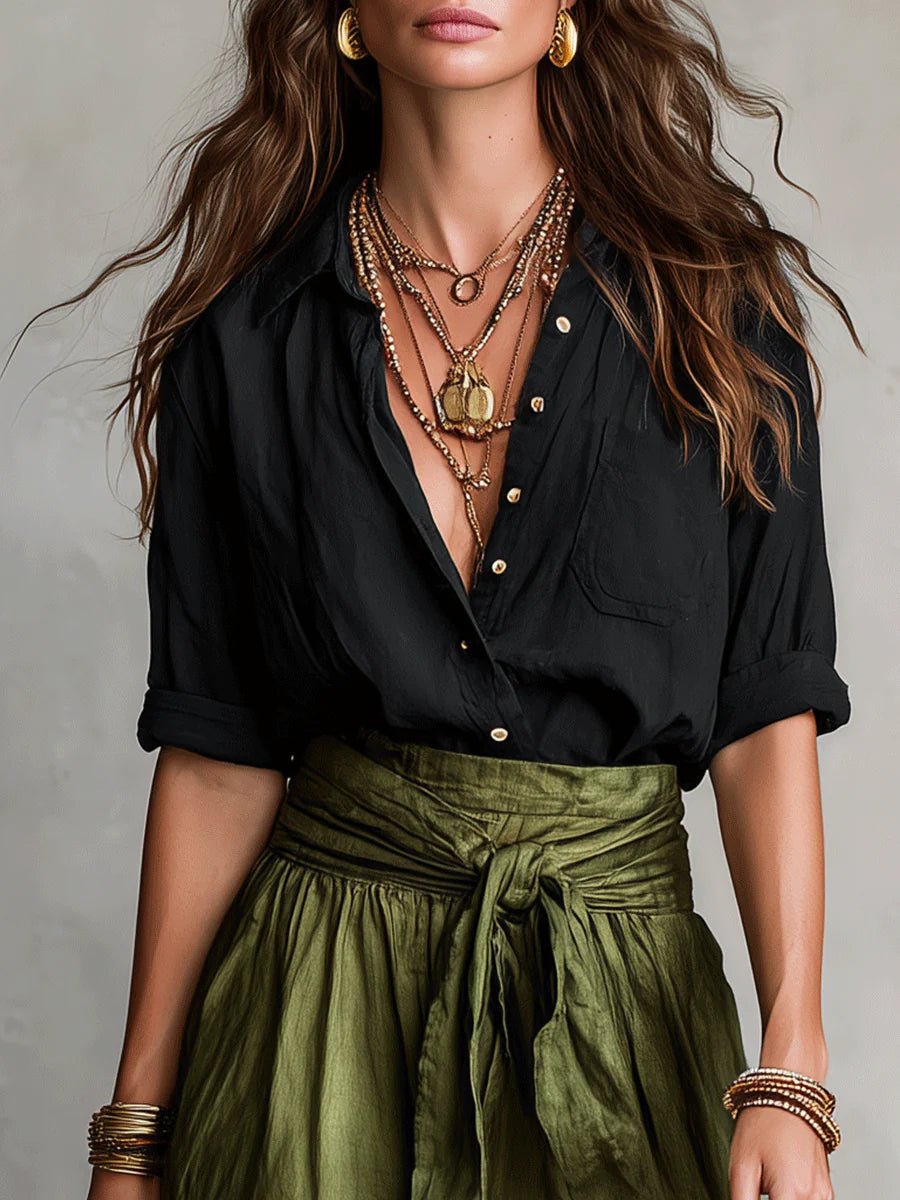 Vera™ Conjunto de dos piezas: Top negro y falda midi verde oliva – elegancia sencilla y versátil