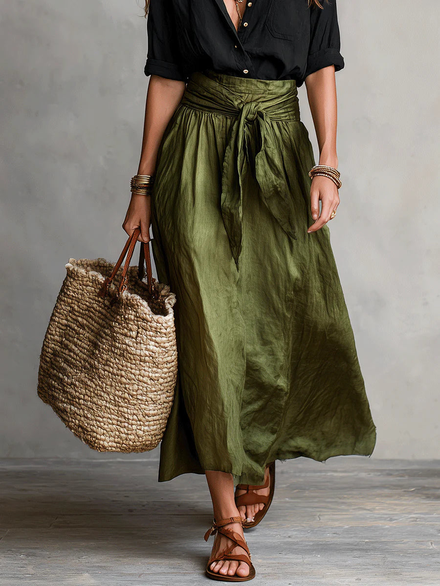 Vera™ Conjunto de dos piezas: Top negro y falda midi verde oliva – elegancia sencilla y versátil