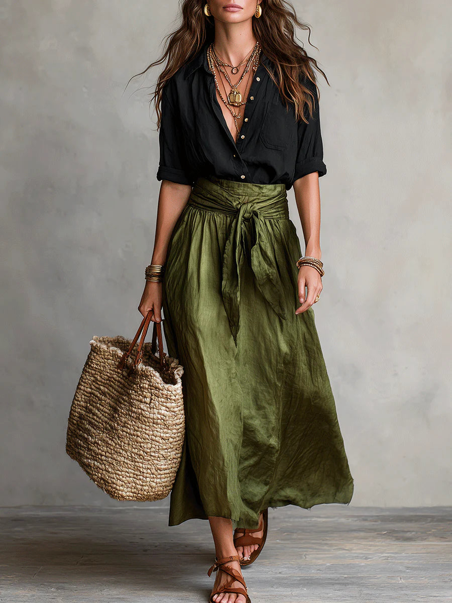 Vera™ Conjunto de dos piezas: Top negro y falda midi verde oliva – elegancia sencilla y versátil