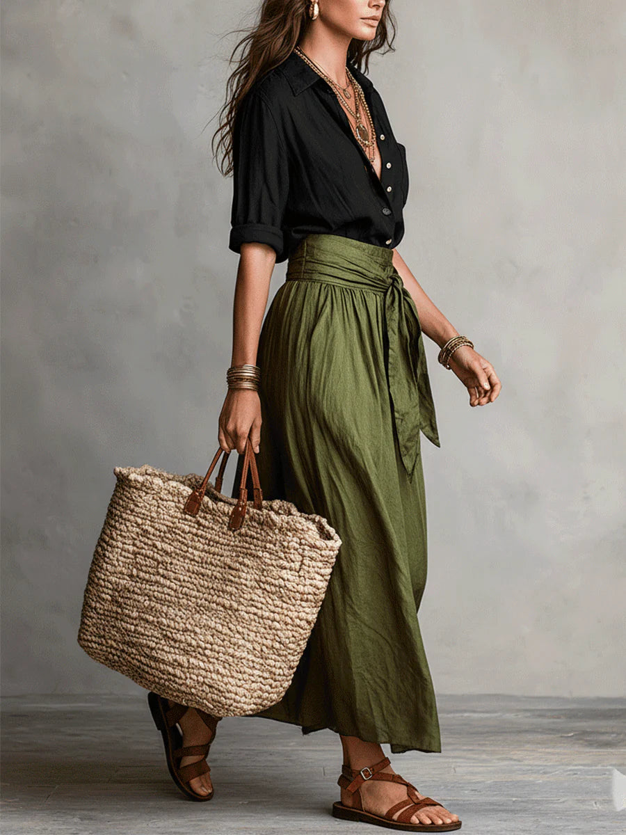 Vera™ Conjunto de dos piezas: Top negro y falda midi verde oliva – elegancia sencilla y versátil