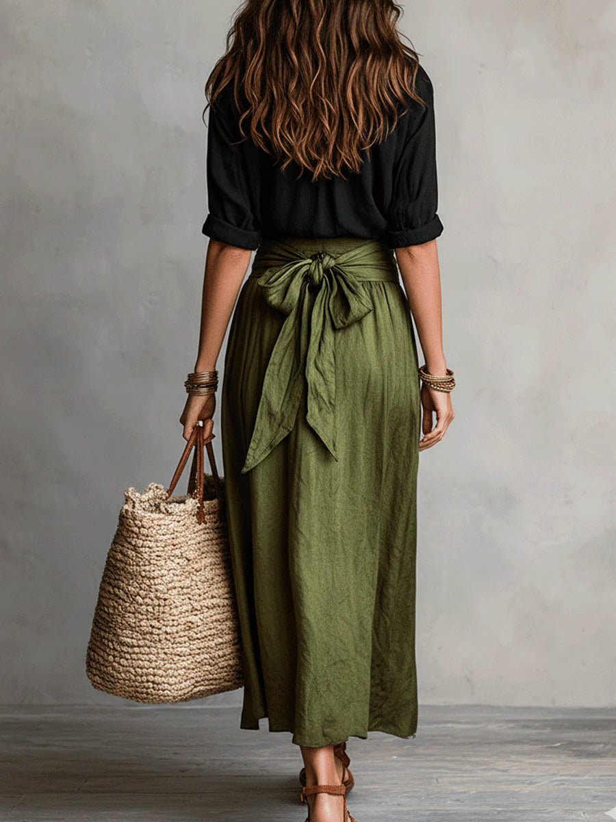Vera™ Conjunto de dos piezas: Top negro y falda midi verde oliva – elegancia sencilla y versátil