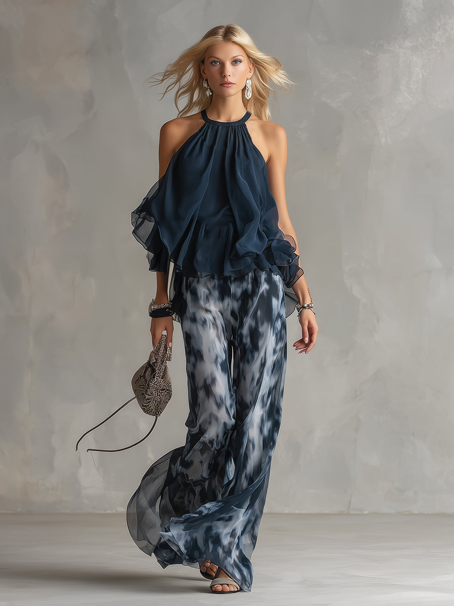 Ludovica - Elegante conjunto de chiffon con top de cuello alto y pantalones palazzo estampados