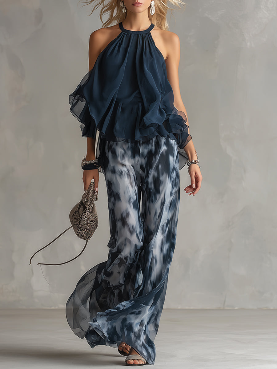 Ludovica - Elegante conjunto de chiffon con top de cuello alto y pantalones palazzo estampados