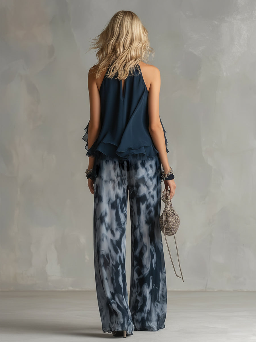 Ludovica - Elegante conjunto de chiffon con top de cuello alto y pantalones palazzo estampados