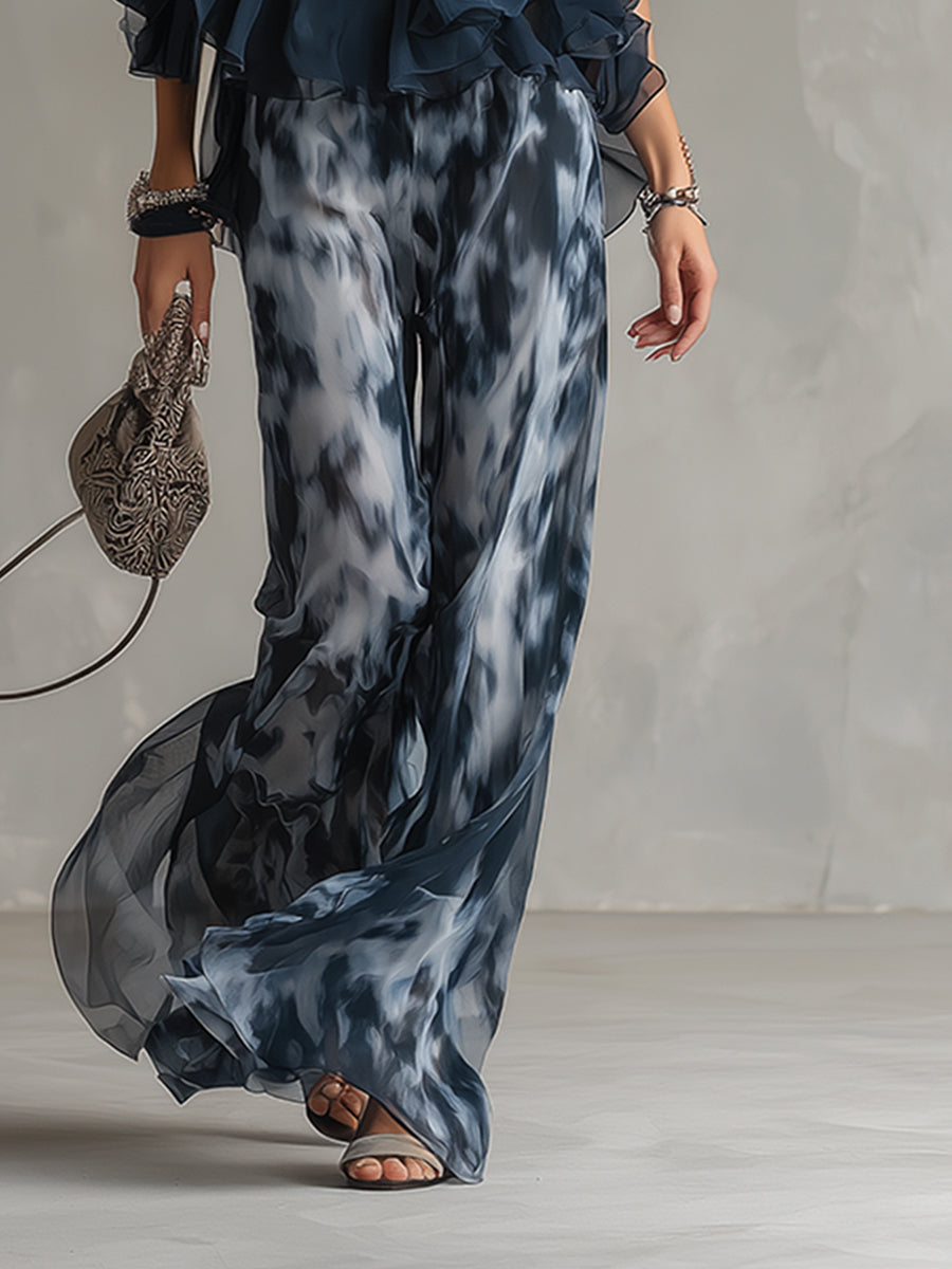 Ludovica - Elegante conjunto de chiffon con top de cuello alto y pantalones palazzo estampados