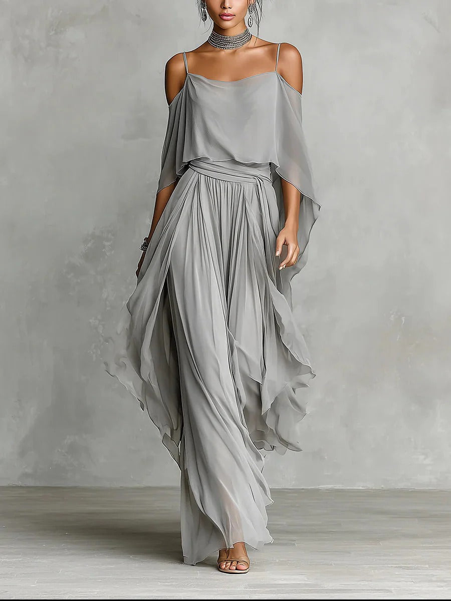 Isabela | Elegante Vestido Largo de Gasa con Hombros Descubiertos y Capas Fluidas