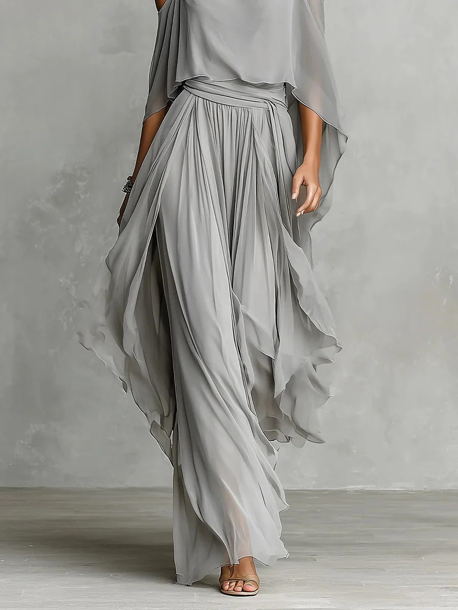 Isabela | Elegante Vestido Largo de Gasa con Hombros Descubiertos y Capas Fluidas