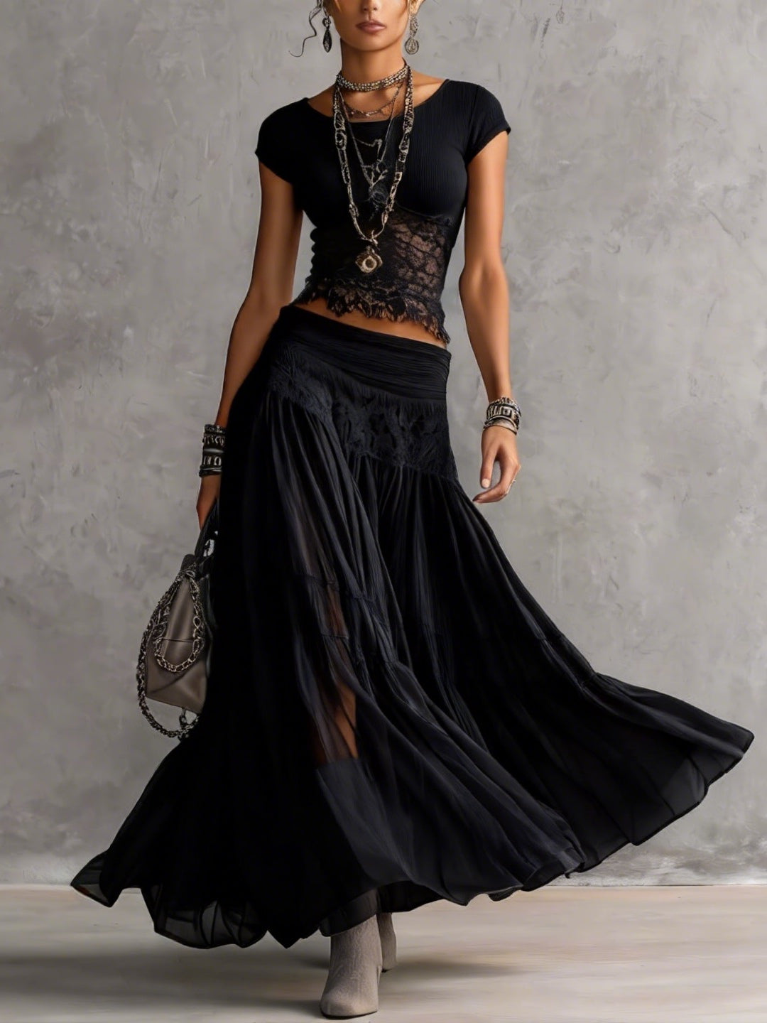 VANESSA - Conjunto boho oscuro con crop top y falda de encaje, estilo único y en tendencia