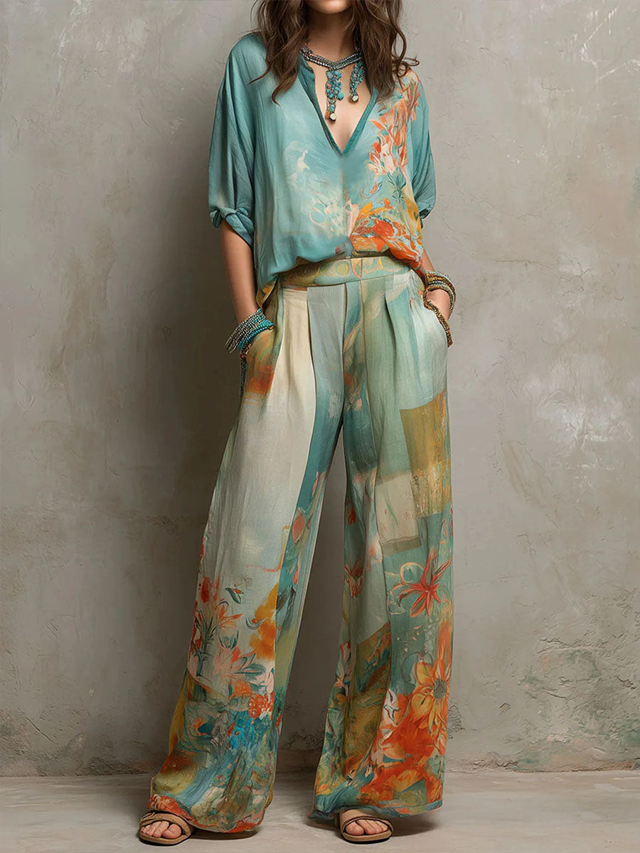 Chiara | Conjunto elegante con estampado floral y pantalones anchos