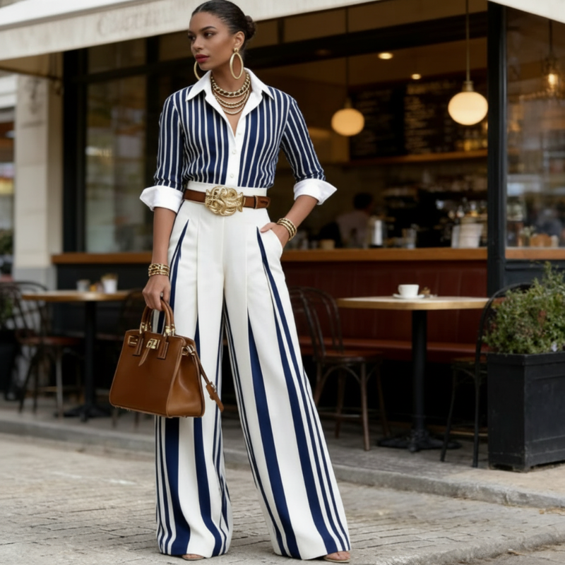 Conjunto de rayas con estilo: camisa holgada y pantalones anchos – cómodo y apto para el uso diario