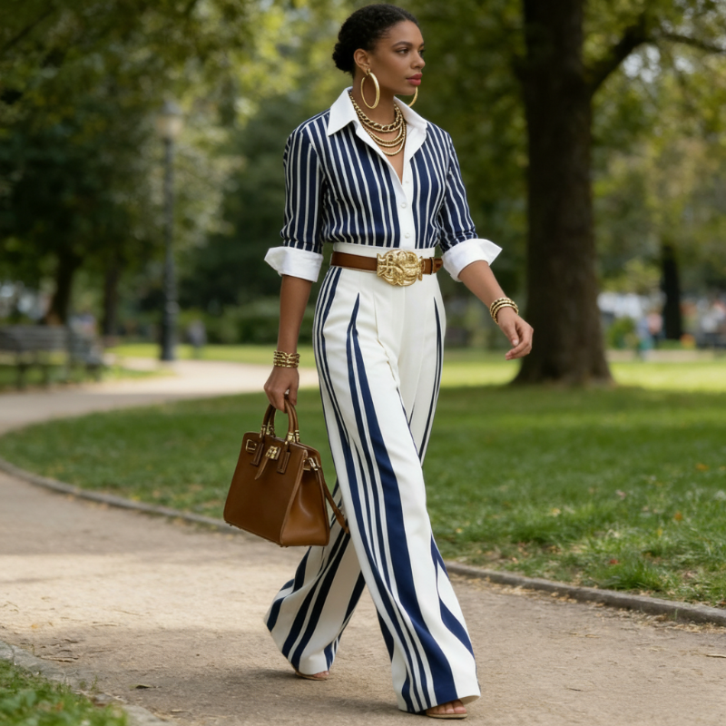Conjunto de rayas con estilo: camisa holgada y pantalones anchos – cómodo y apto para el uso diario
