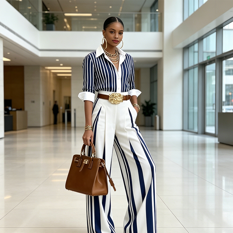 Conjunto de rayas con estilo: camisa holgada y pantalones anchos – cómodo y apto para el uso diario