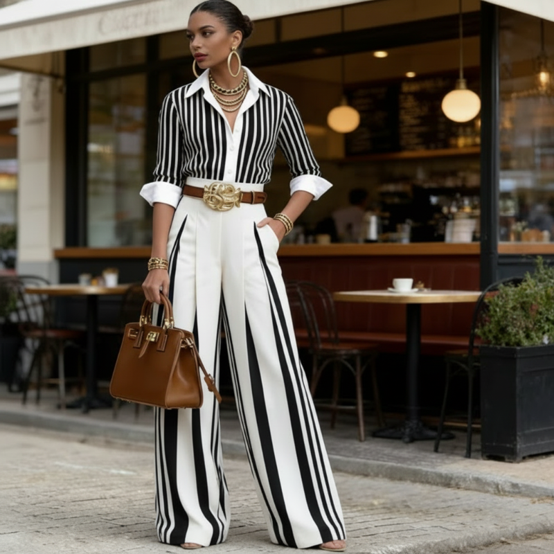 Conjunto de rayas con estilo: camisa holgada y pantalones anchos – cómodo y apto para el uso diario